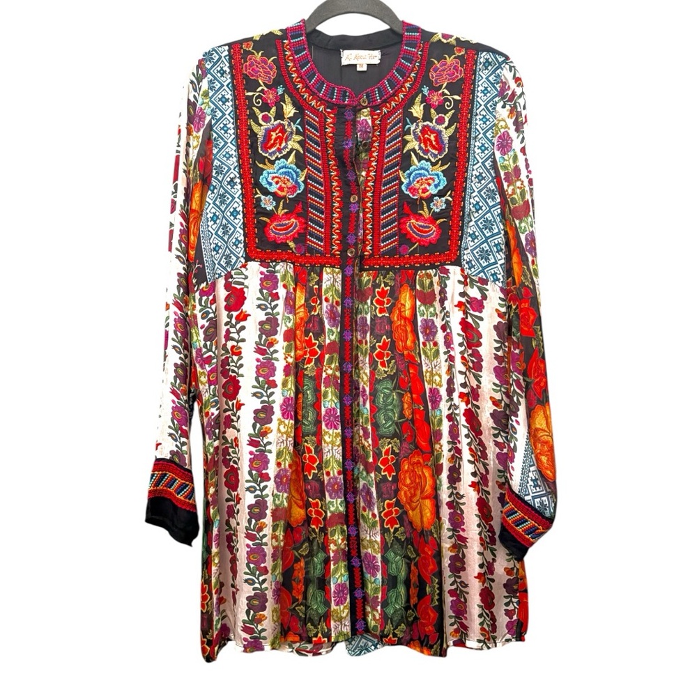 All About Her Floral Embroidered Multicolor Cupro Button Down Tunic